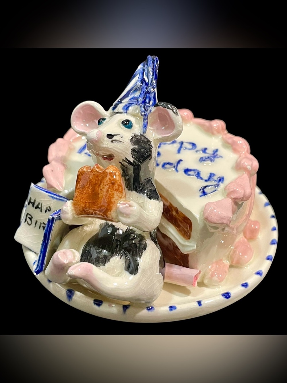 Vintage 1990s Birrell Pottery Signed "Happy Birthday" Mouse on Cake Figurine